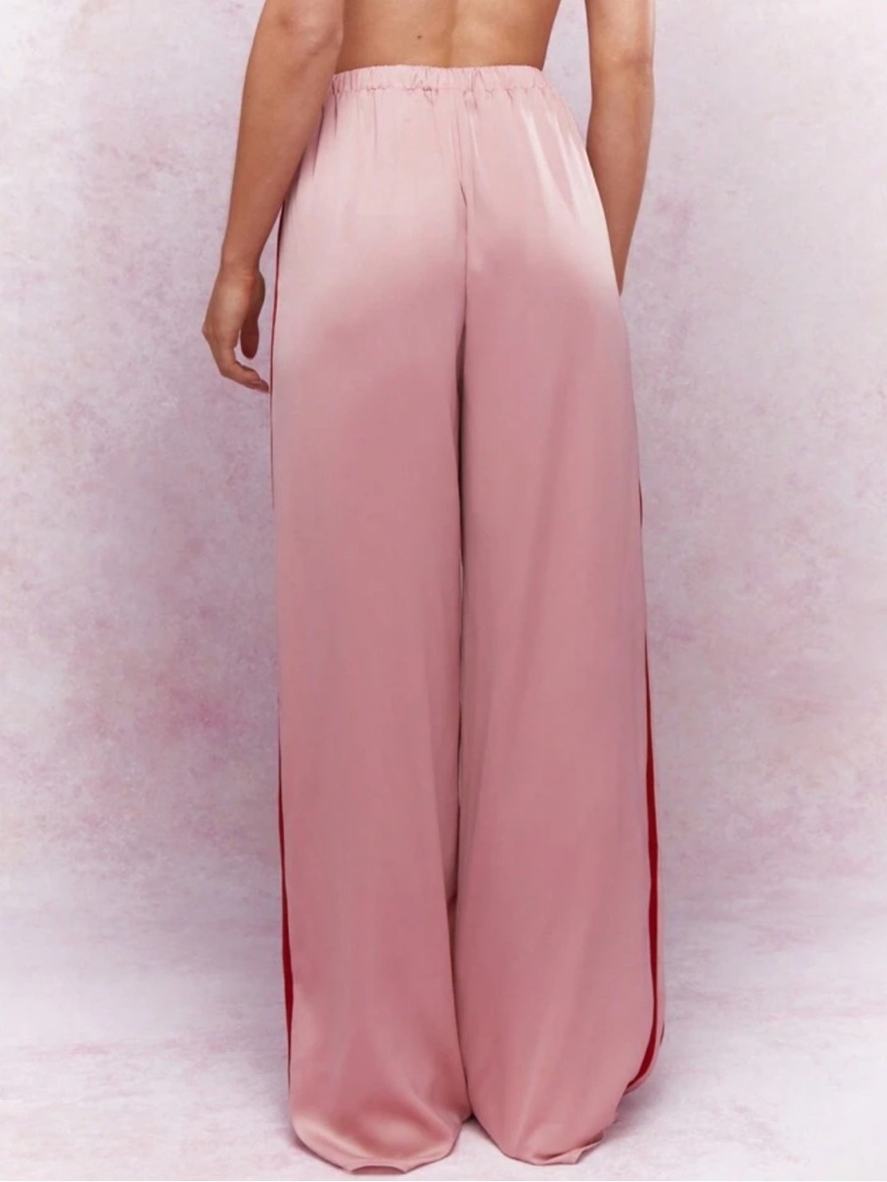 Missguided Pink Satin Wide-Leg Lounge Pants with Burgundy Trim - Picture 3 of 5